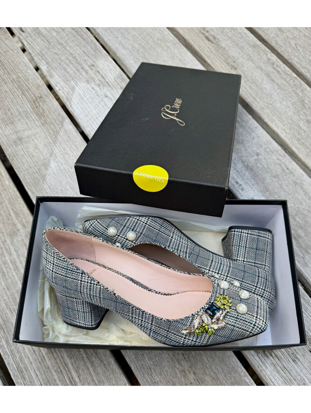 Dressy J.Crew Plaid Square Toe Block Heel Pumps Pearl Crystal Accent  US 7.5